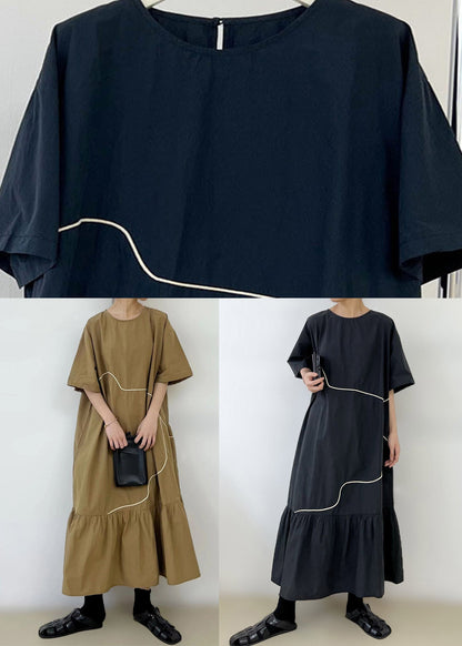 Black O-neck Wrinkled Long Dress Summer Gh1048
