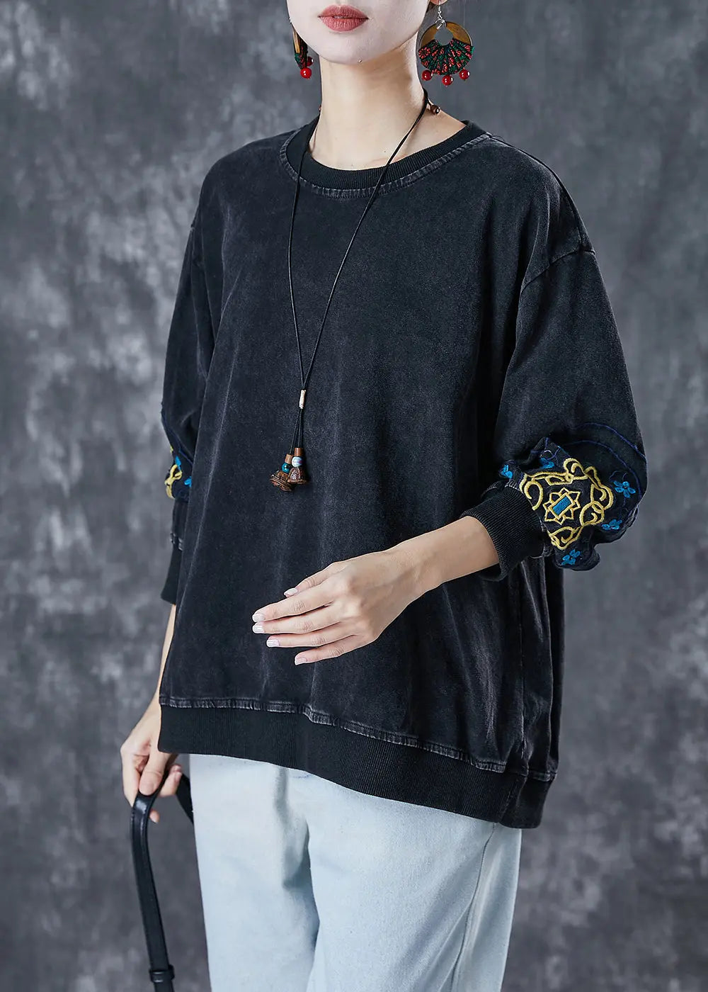 Cotton Pullover Sweatshirt Embroidered Fall