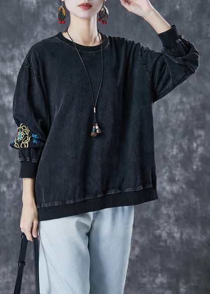 Cotton Pullover Sweatshirt Embroidered Fall