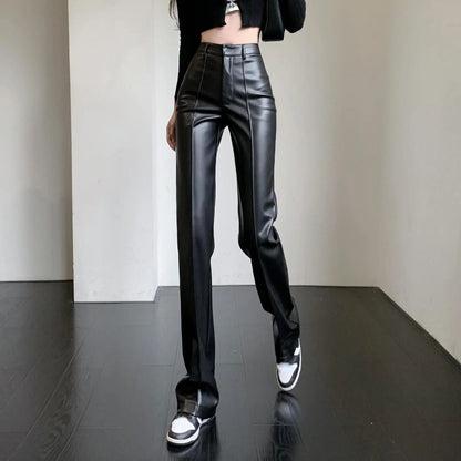 Black High Waist Wide Leg Slim Straight Loose Leather Autumn Urban Pants