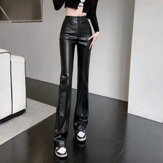 Black High Waist Wide Leg Slim Straight Loose Leather Autumn Urban Pants