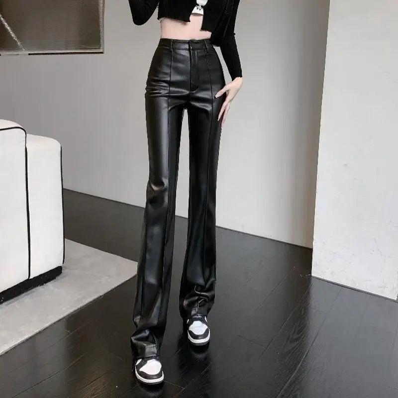 Black High Waist Wide Leg Slim Straight Loose Leather Autumn Urban Pants