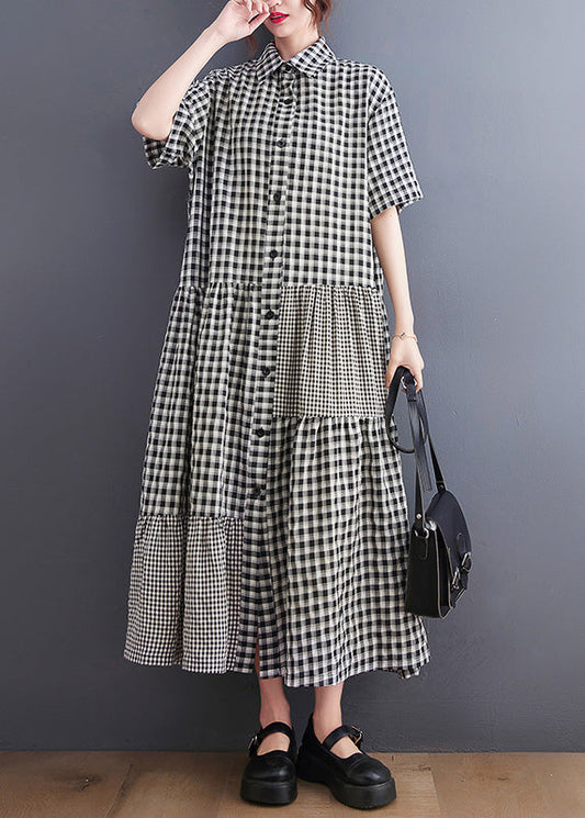 Black Patchwork Button Vacation Long Dresses Short Sleeve Ly0641