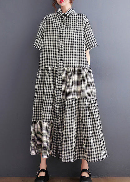 Black Patchwork Button Vacation Long Dresses Short Sleeve Ac2065