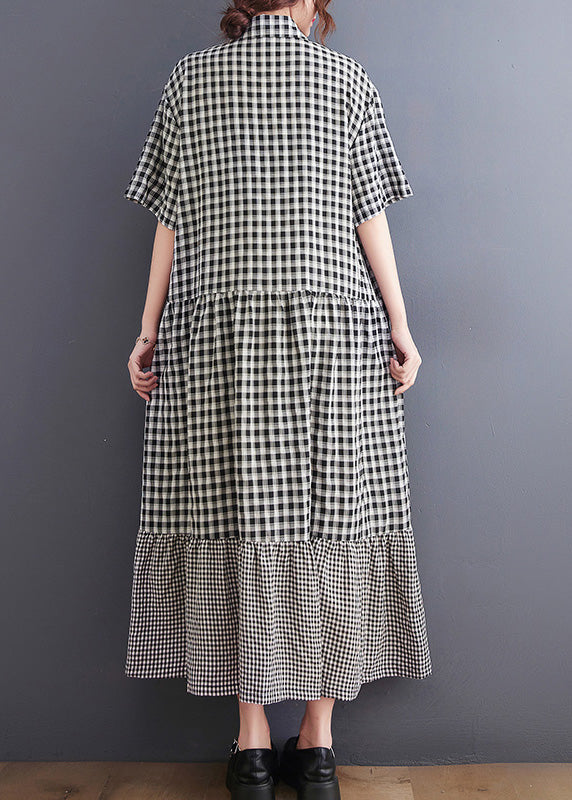 Black Patchwork Button Vacation Long Dresses Short Sleeve Ac2065