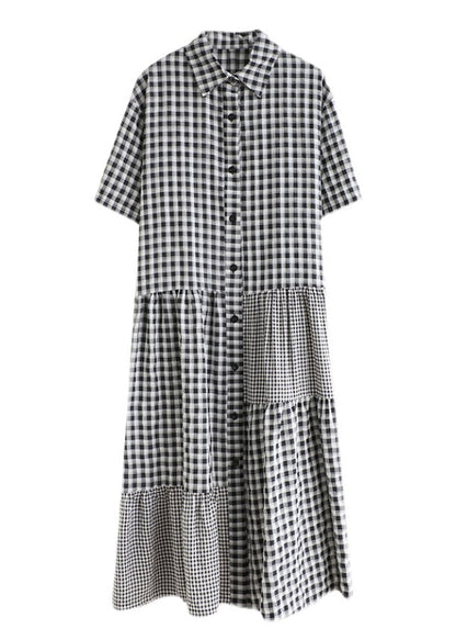 Black Patchwork Button Vacation Long Dresses Short Sleeve Ac2065