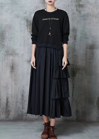 Black Patchwork Cotton Sweatshirt Dress Layered Ruffled Spring Jk1025