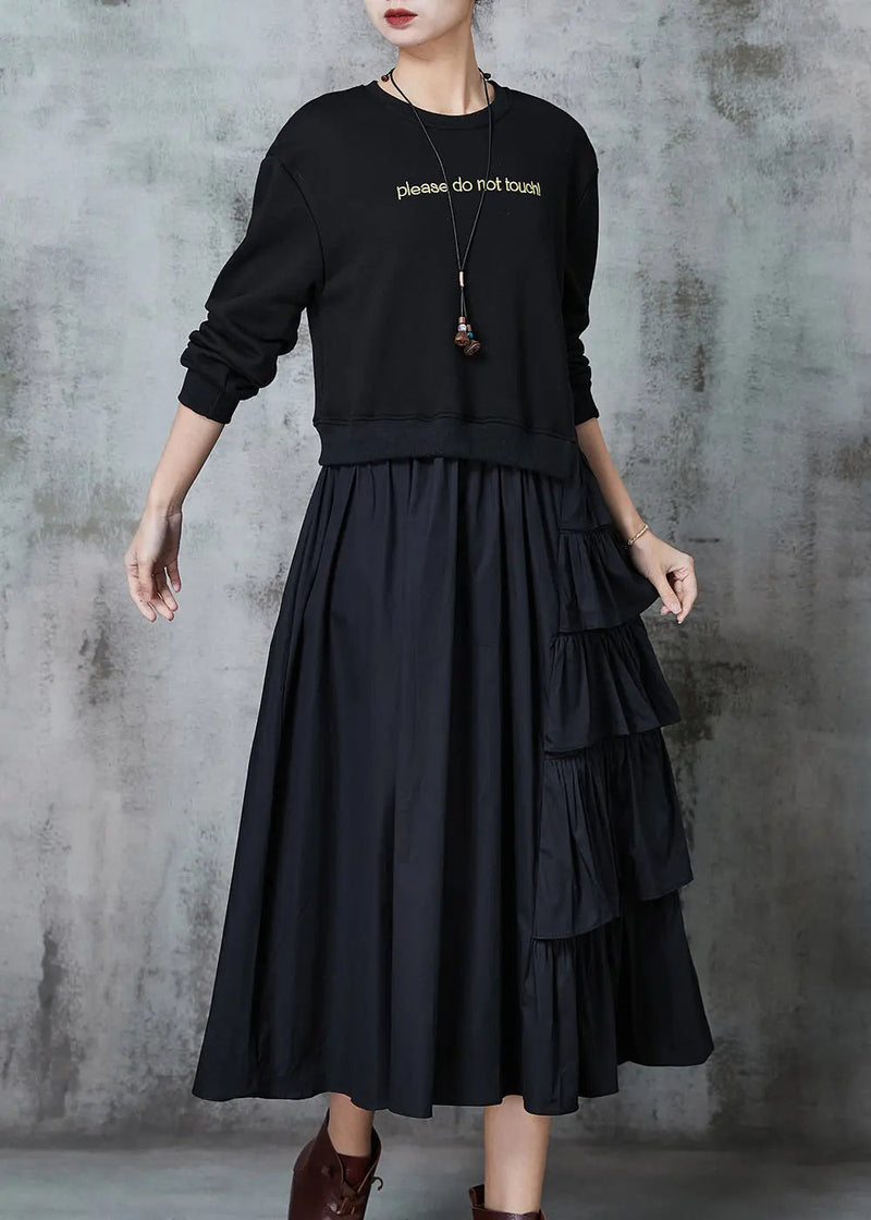 Black Patchwork Cotton Sweatshirt Dress Layered Ruffled Spring Jk1025