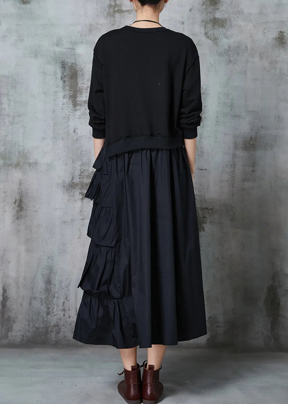 Black Patchwork Cotton Sweatshirt Dress Layered Ruffled Spring Jk1025