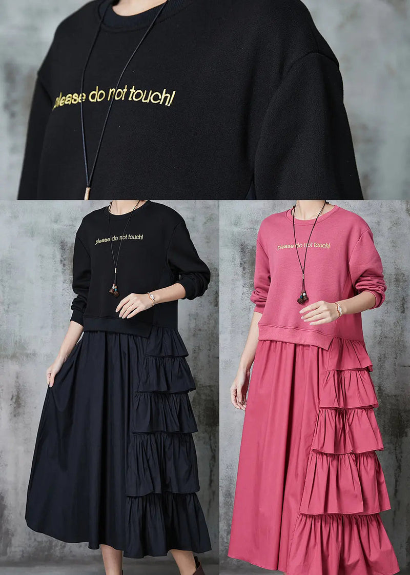 Black Patchwork Cotton Sweatshirt Dress Layered Ruffled Spring Jk1025
