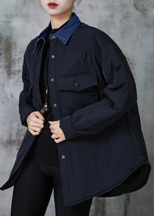 Black Patchwork Fine Cotton Filled Coat Outwear Peter Pan Collar Spring Jk1032
