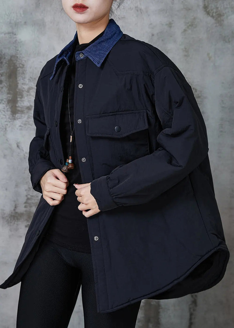 Black Patchwork Fine Cotton Filled Coat Outwear Peter Pan Collar Spring Jk1032