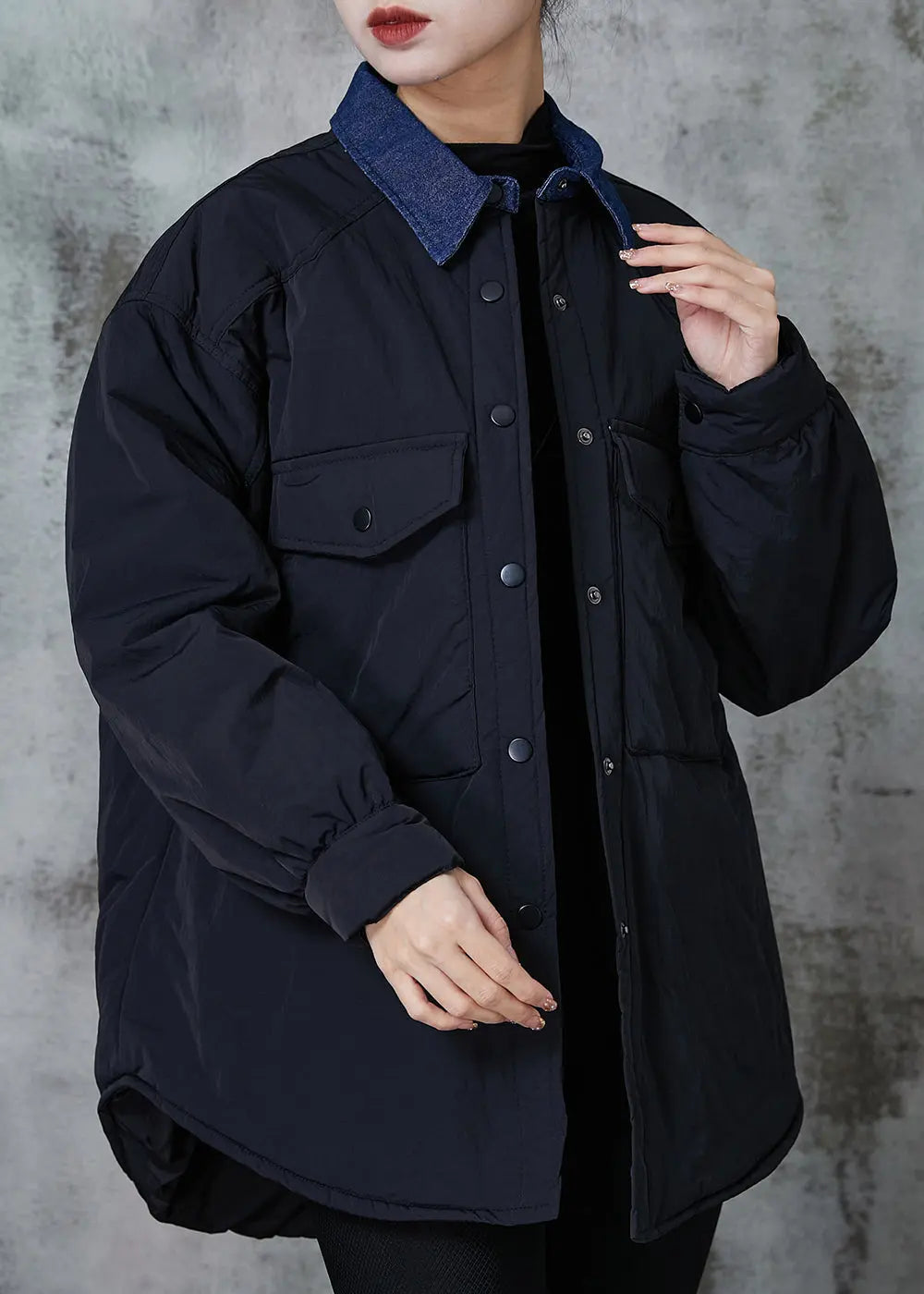Black Patchwork Fine Cotton Filled Coat Outwear Peter Pan Collar Spring Jk1032