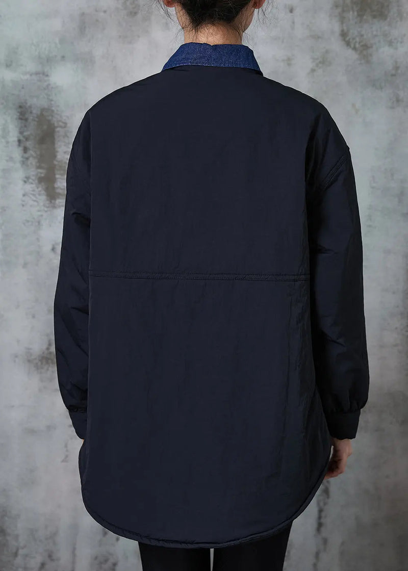 Black Patchwork Fine Cotton Filled Coat Outwear Peter Pan Collar Spring Jk1032