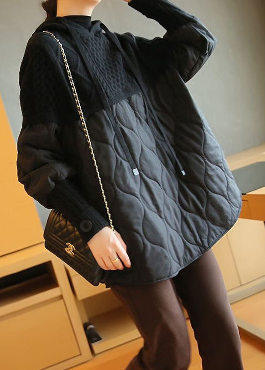 Black Patchwork Knit Pullover Sweatshirt Hooded Drawstring Spring Ly1462