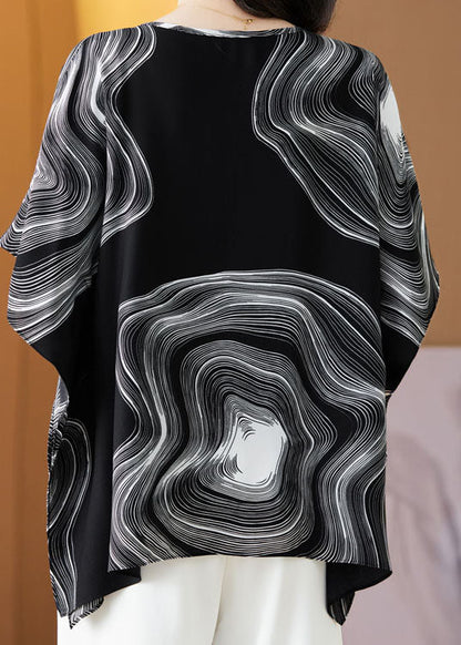 Black Patchwork Print Silk Blouse Tops O Neck Summer Ly0482