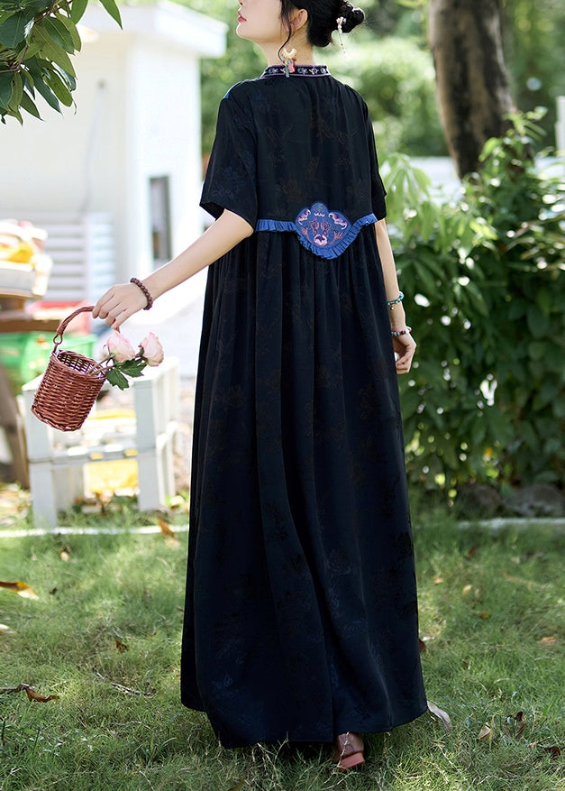 Black Patchwork Silk Long Dress Ruffled Jacquard Stand Collar Summer Ww1019