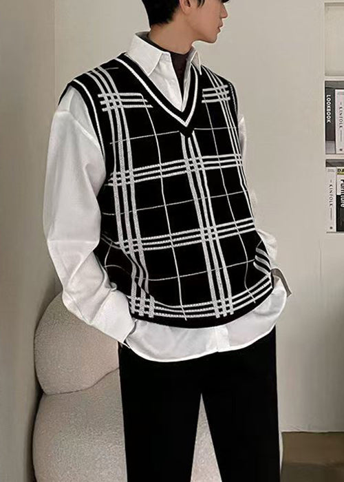 Black Plaid Loose Knit Waistcoat V Neck Sleeveless Rj033