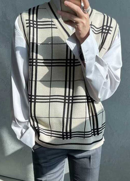 Black Plaid Loose Knit Waistcoat V Neck Sleeveless Rj033