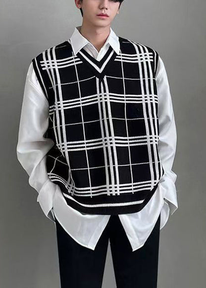 Black Plaid Loose Knit Waistcoat V Neck Sleeveless Rj033