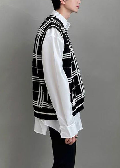 Black Plaid Loose Knit Waistcoat V Neck Sleeveless Rj033