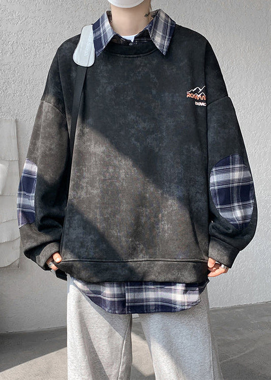 Black Fleece Collar Warm Peter Sweatshirt Pan Plaid Patchwork
