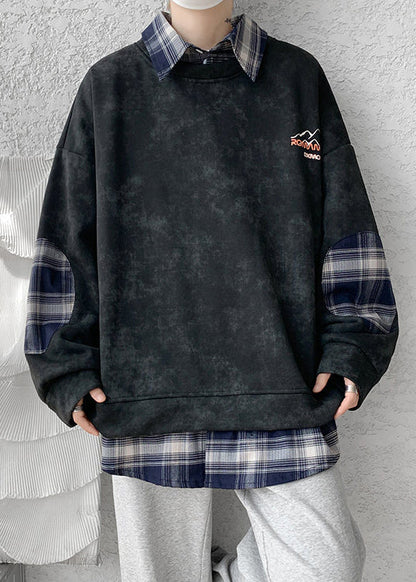 Black Fleece Collar Warm Peter Sweatshirt Pan Plaid Patchwork
