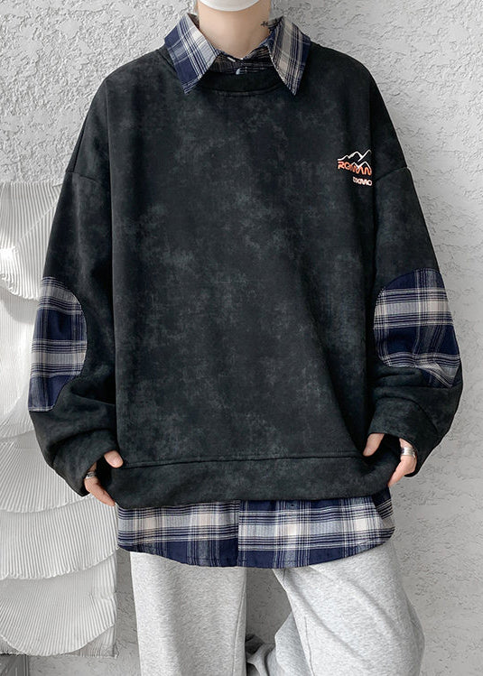 Black Fleece Collar Warm Peter Sweatshirt Pan Plaid Patchwork