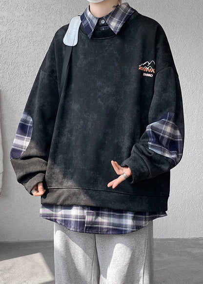 Black Fleece Collar Warm Peter Sweatshirt Pan Plaid Patchwork
