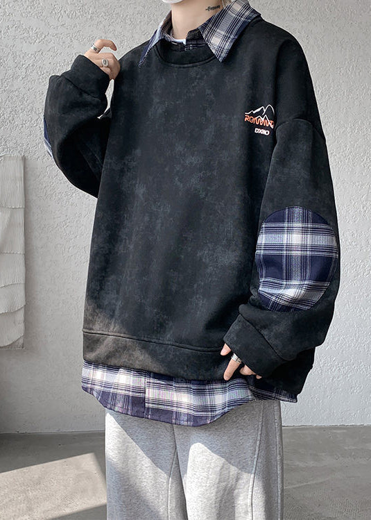 Black Fleece Collar Warm Peter Sweatshirt Pan Plaid Patchwork