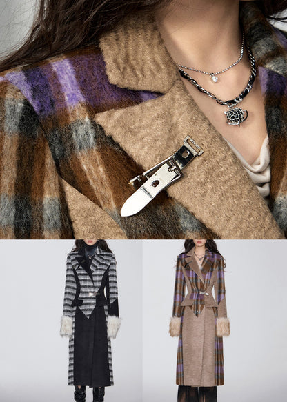 French Brown Pockets Patchwork Woolen Long Coat Winter Wy016