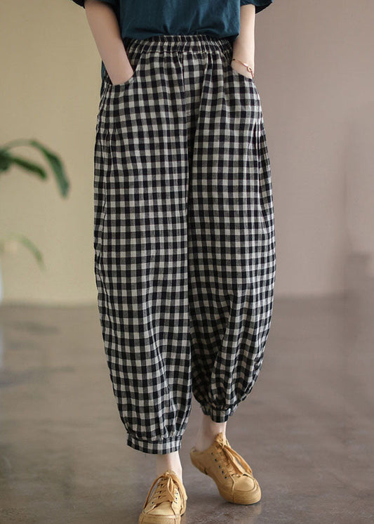 Black Plaid Pockets Linen High Waist Crop Pants Summer Ff021