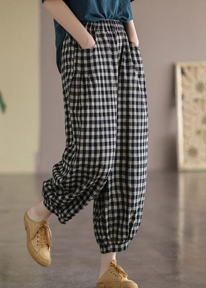 Black Plaid Pockets Linen High Waist Crop Pants Summer Ff021