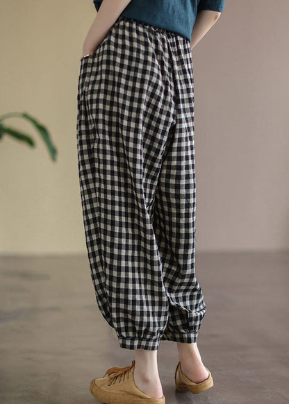 Black Plaid Pockets Linen High Waist Crop Pants Summer Ff021