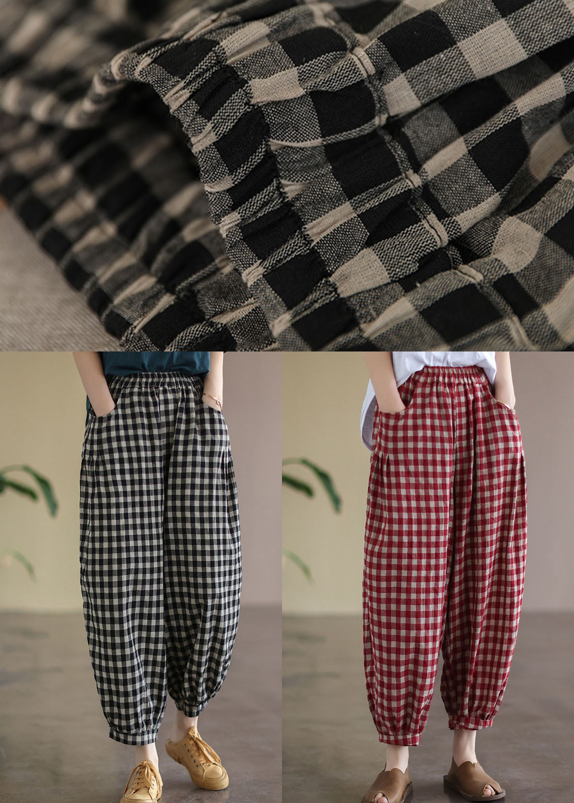 Black Plaid Pockets Linen High Waist Crop Pants Summer Ff021