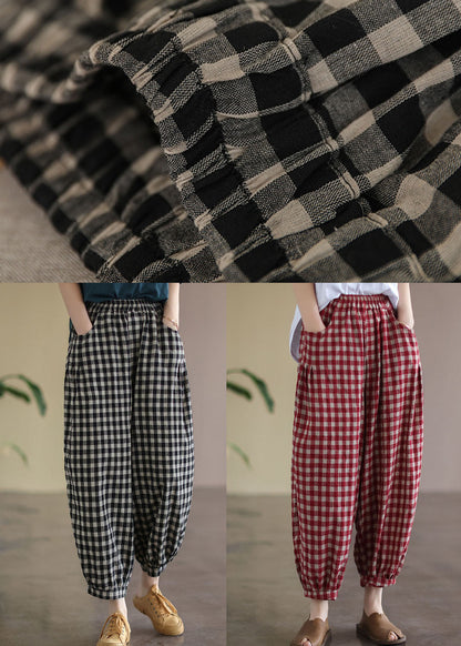 Red Plaid Pockets Elastic Waist Linen Crop Pants Summer Ff010