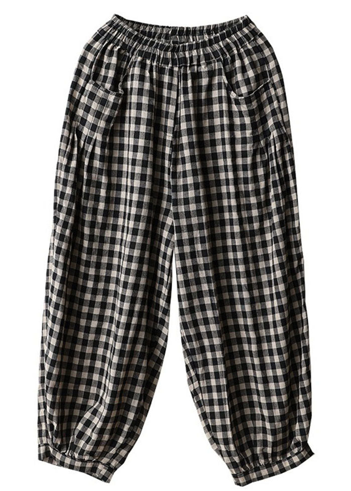 Black Plaid Pockets Linen High Waist Crop Pants Summer Ff021