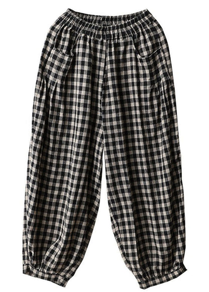 Black Plaid Pockets Linen High Waist Crop Pants Summer Ff021