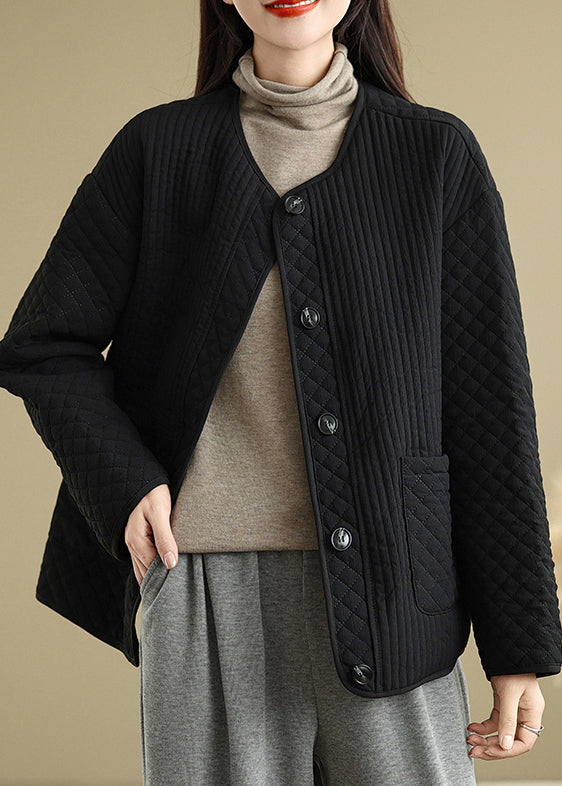 Black Pockets Button Fine Cotton Filled Coat O Neck Spring Ti015