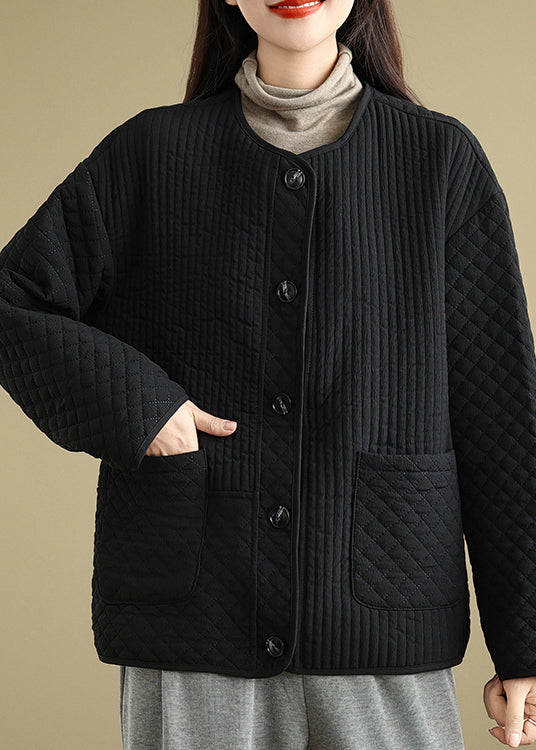 Black Pockets Button Fine Cotton Filled Coat O Neck Spring Ti015