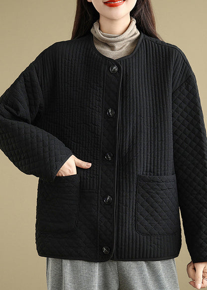 Black Pockets Button Fine Cotton Filled Coat O Neck Spring Ti015