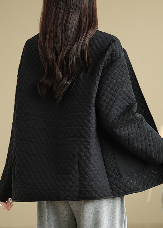 Black Pockets Button Fine Cotton Filled Coat O Neck Spring Ti015