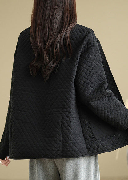 Black Pockets Button Fine Cotton Filled Coat O Neck Spring Ti015