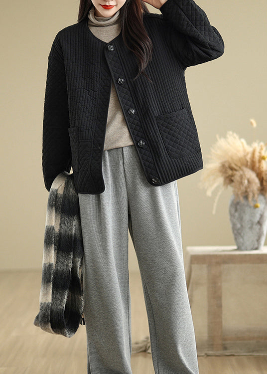 Black Pockets Button Fine Cotton Filled Coat O Neck Spring Ti015