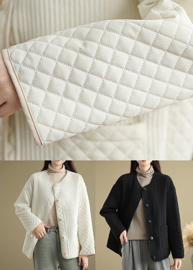 Black Pockets Button Fine Cotton Filled Coat O Neck Spring Ti015