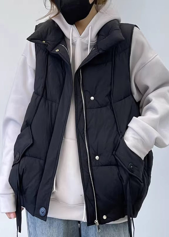 Black Pockets Cotton Filled Waistcoat Zip Up Sleeveless Yw013