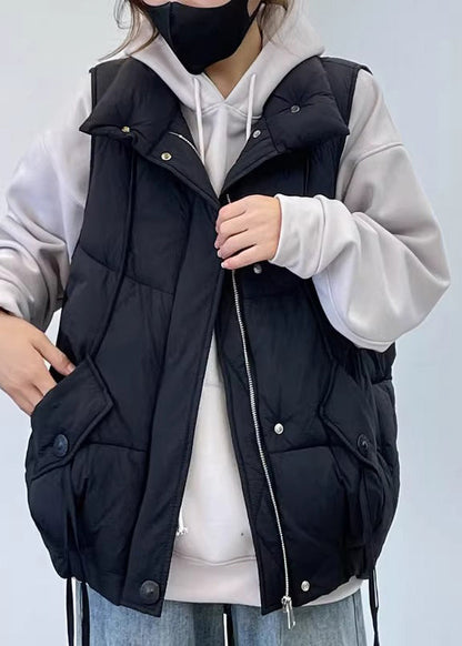 Black Pockets Cotton Filled Waistcoat Zip Up Sleeveless Yw013