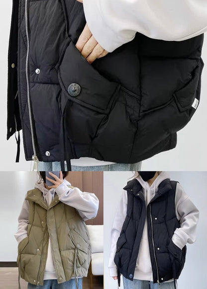 New Khaki Stand Collar Pockets Cotton Filled Waistcoat Spring Yw012