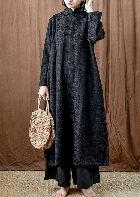 Black Pockets Cotton Long Dresses Stand Collar Fall Mn064