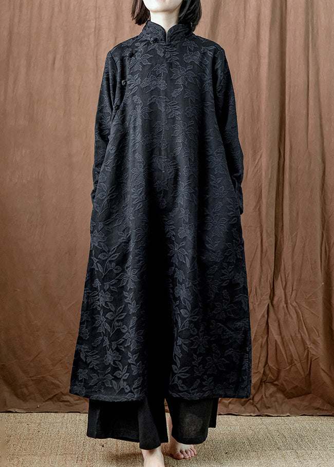 Black Pockets Cotton Long Dresses Stand Collar Fall Mn064